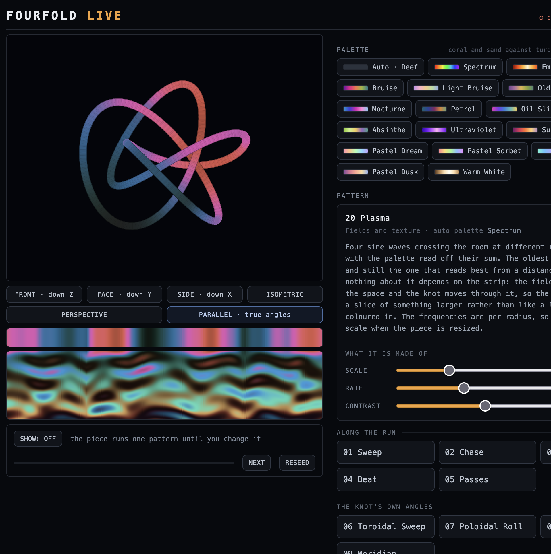 Live view of the knot geometry with pattern preview strips